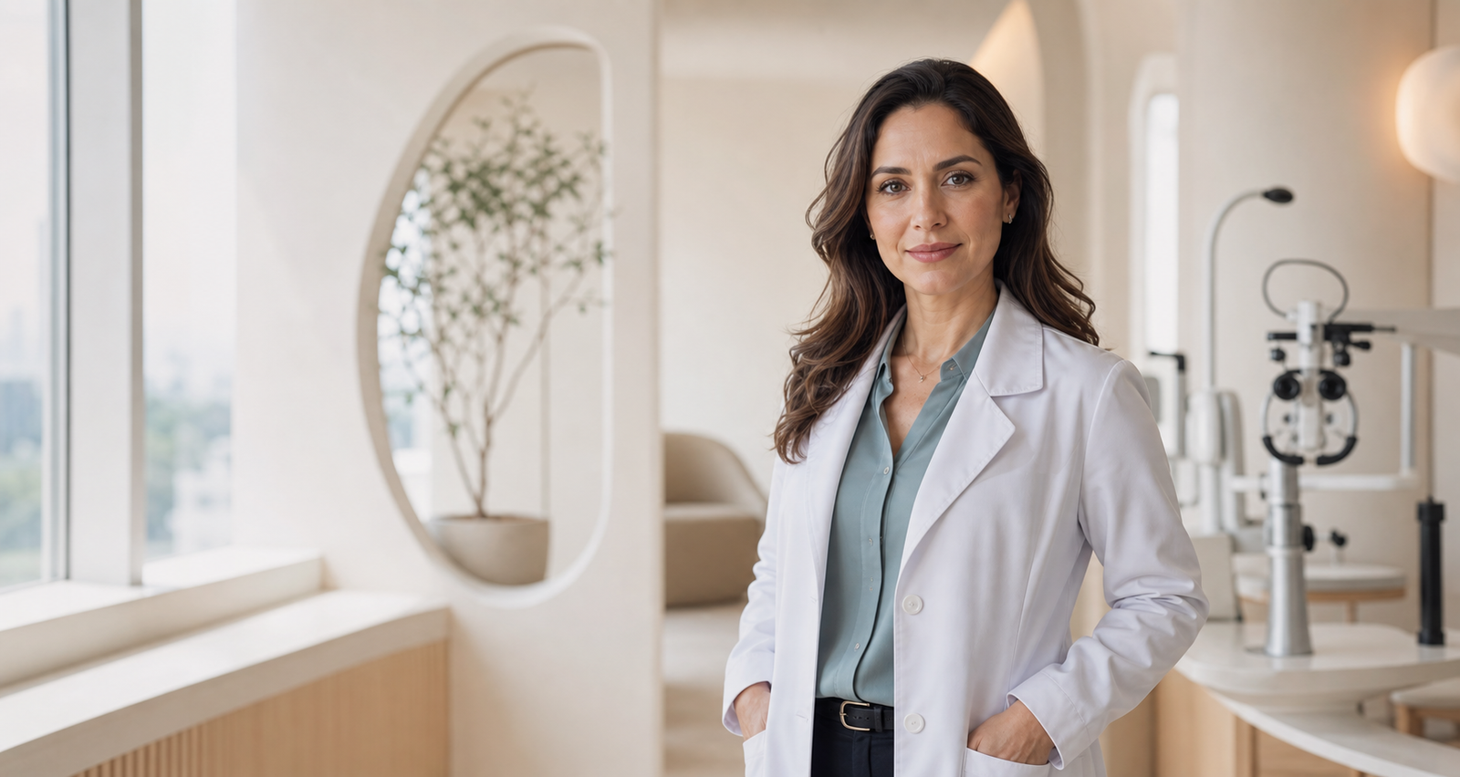 Médica oftalmologista fictícia em uma clínica moderna